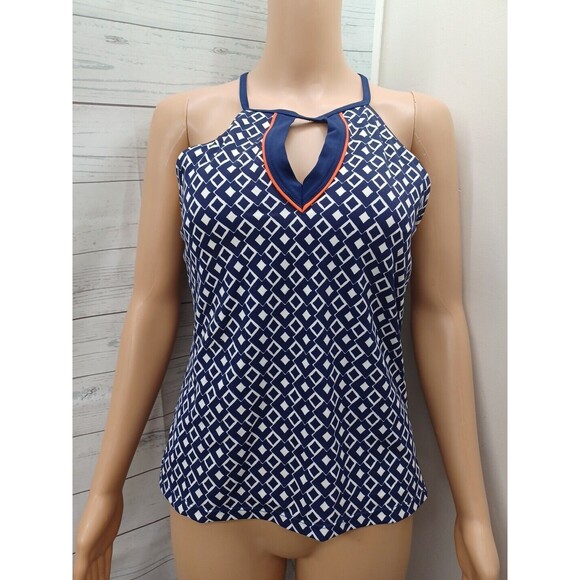 Jantzen Classics Navyblue White Geometric Tankini Swimsuit Top Sz M - Picture 1 of 8